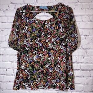 CeCe Multicolor Floral Blouse With Peekaboo Keyhole Back Puffed Sleeve Large